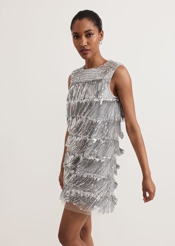 Phase Eight Lula Fringe Sequin Dress Silver Australia | FA0724581